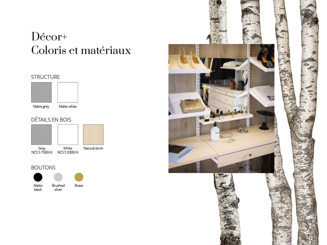 Aperçu de l’assortiment de couleurs et de matériaux Décor+.