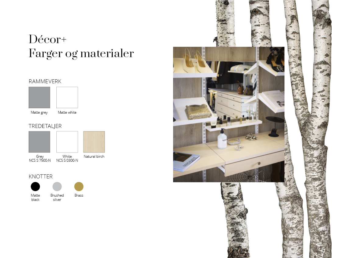 Sortimentsoversikt for Décor+ farger og materialer.