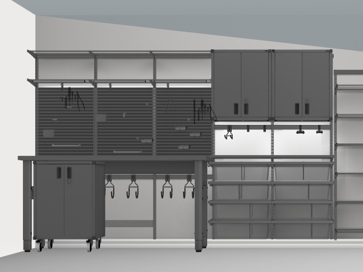 Drawing of garage with Garage+ by Elfa storage, with storage boards, cabinets and mesh drawers.