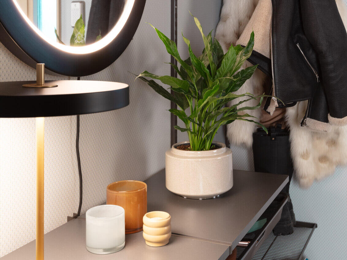 Oppbevaring fra Elfa i grått med pyntegjenstander og et speil med innebygd belysning.