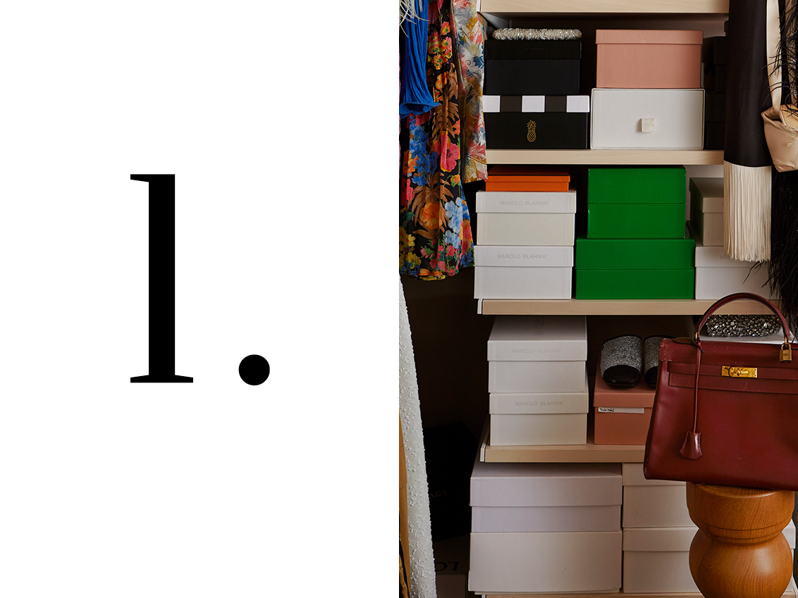 Décor+ by Elfa wardrobe with birch shelves, filled with shoe boxes.
