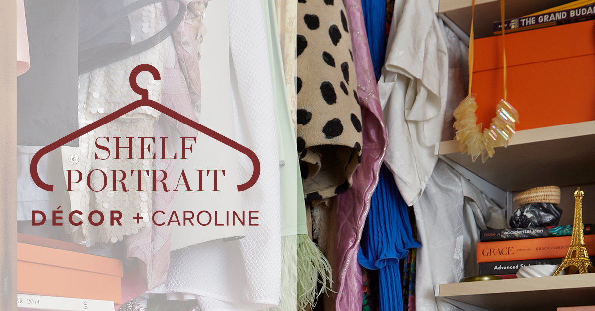 Décor+ by Elfa wardrobe with birch shelves and colourful clothes.