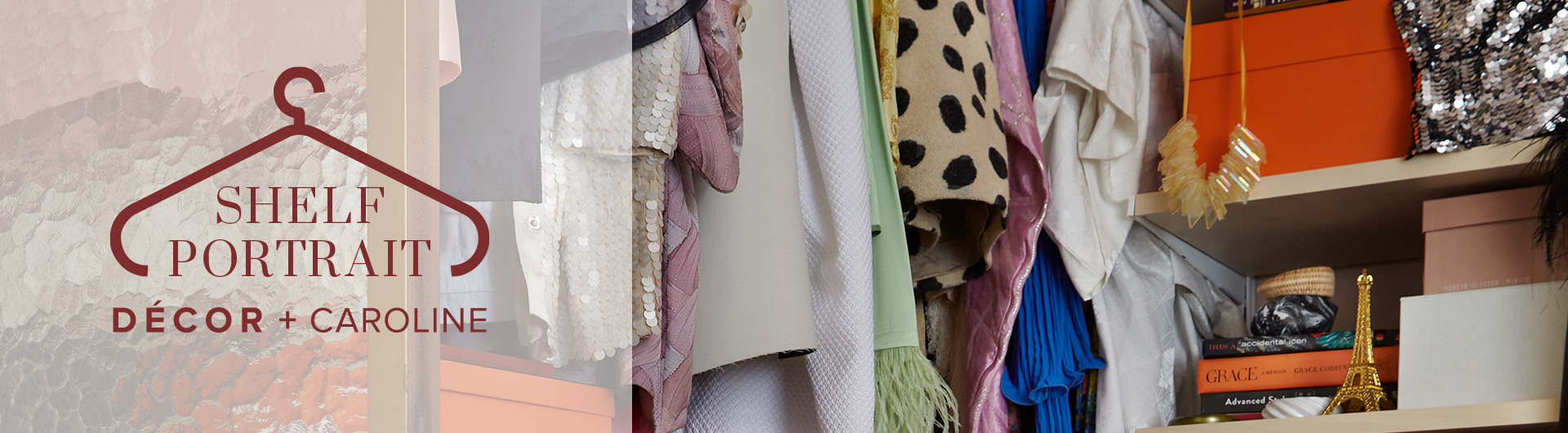 Décor+ by Elfa wardrobe with birch shelves and colourful clothes.