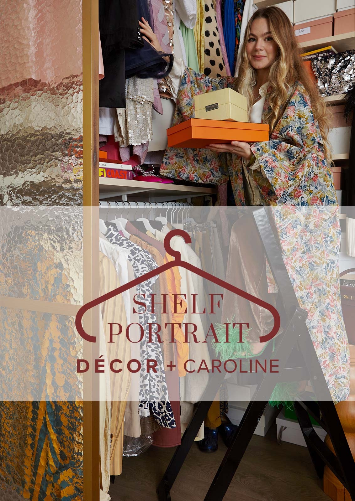 Caroline is standing on a ladder holding a couple of boxes in a Décor+ by Elfa wardrobe filled with colourful clothes.