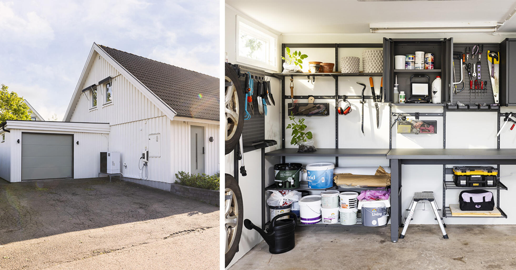 Garage with Garage+ storage from Elfa with wire shelves, storage track, cabinet and workbench for storing tools.