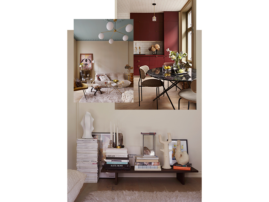 Collage with pictures from Caroline’s apartment, living room and kitchen.