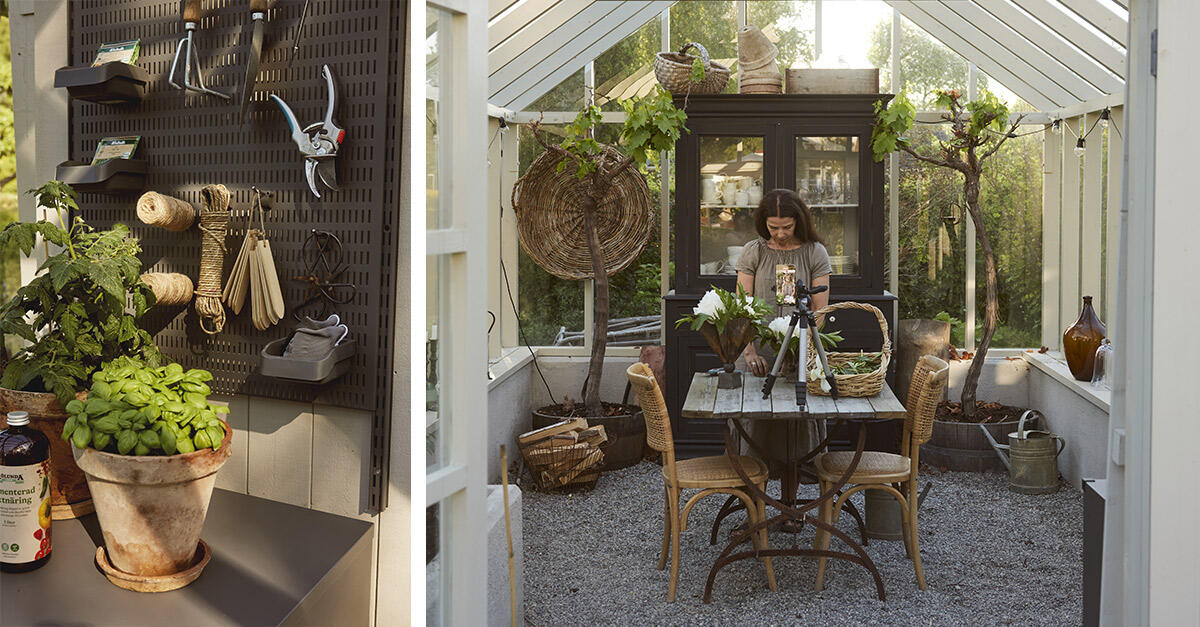 Garage+ peg board and lower cabinet from Elfa for storing gardening tools.
