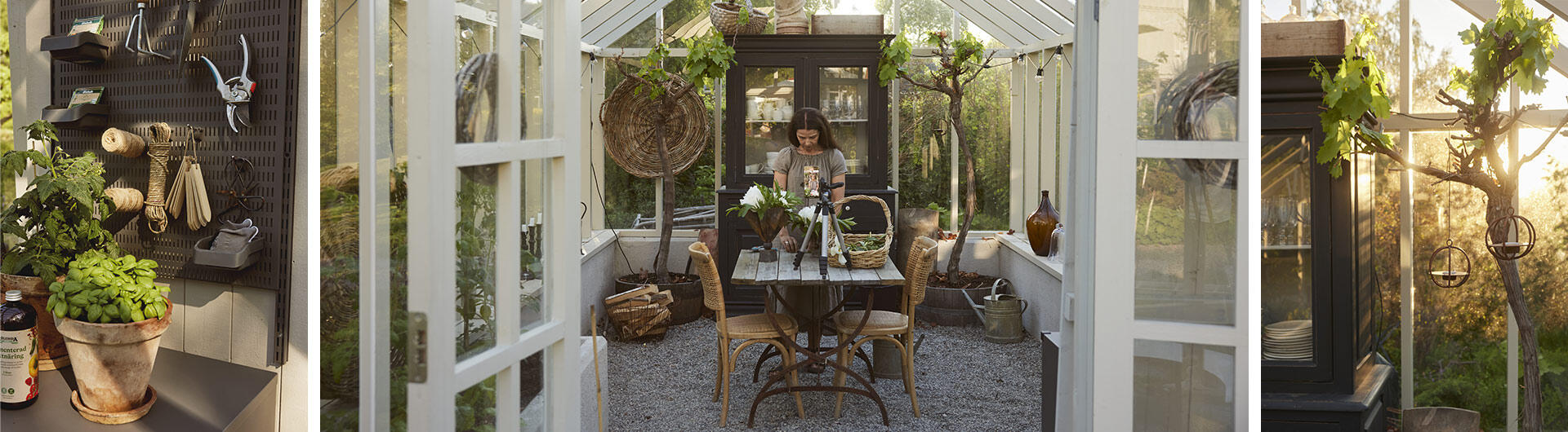 Garage+ peg board and lower cabinet from Elfa for storing gardening tools.