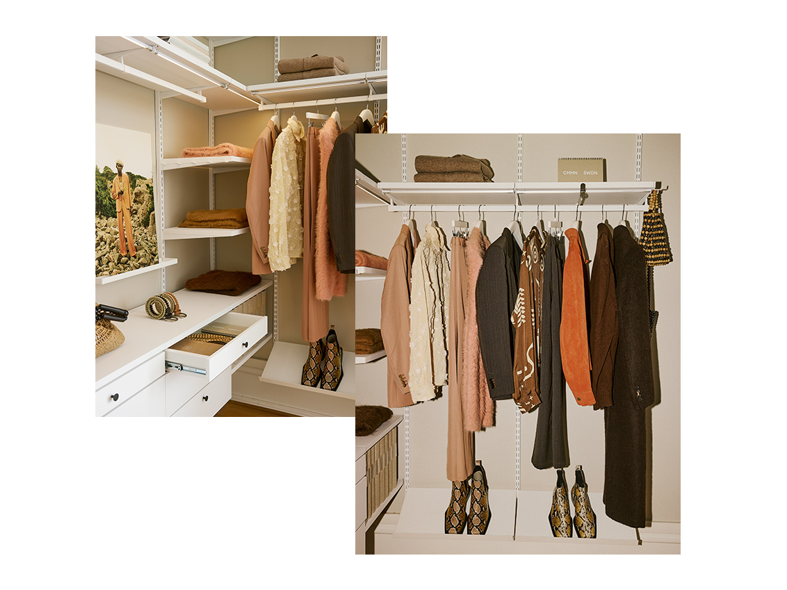 Clothing from CMMN SWDN in a Décor+ by Elfa wardrobe in white.