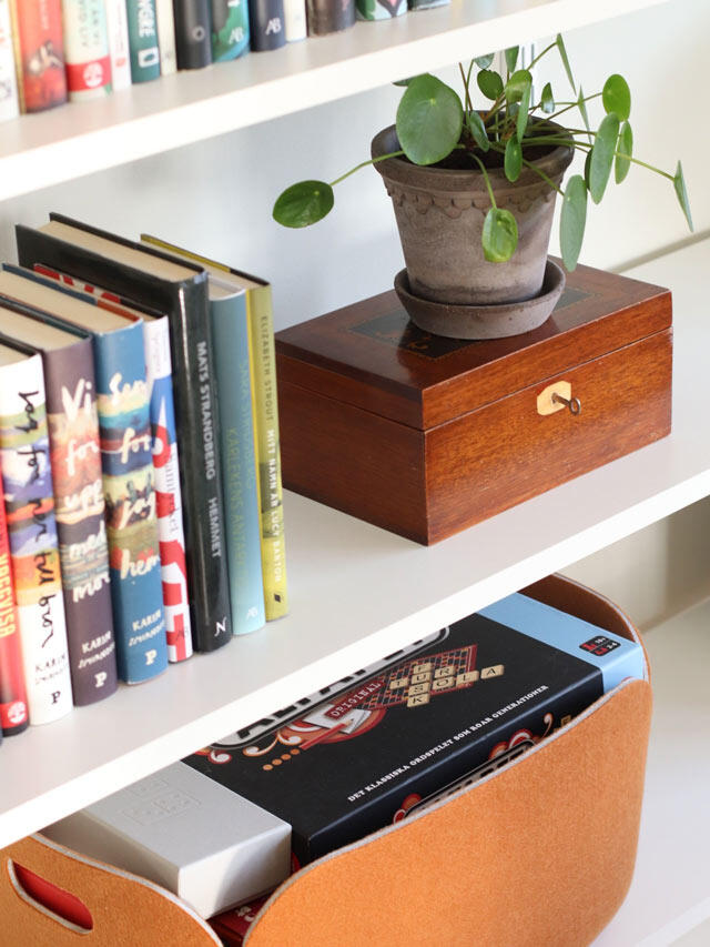 Bookcase with wall-mounted shelves with books and trinkets