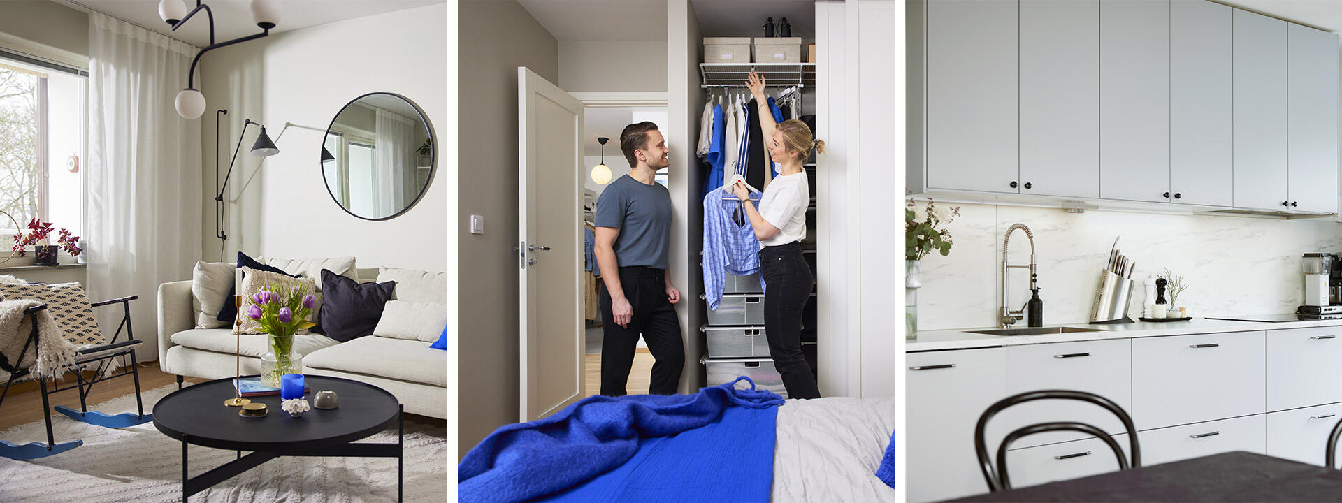 Picture from an apartment with a couple decorating their wardrobe