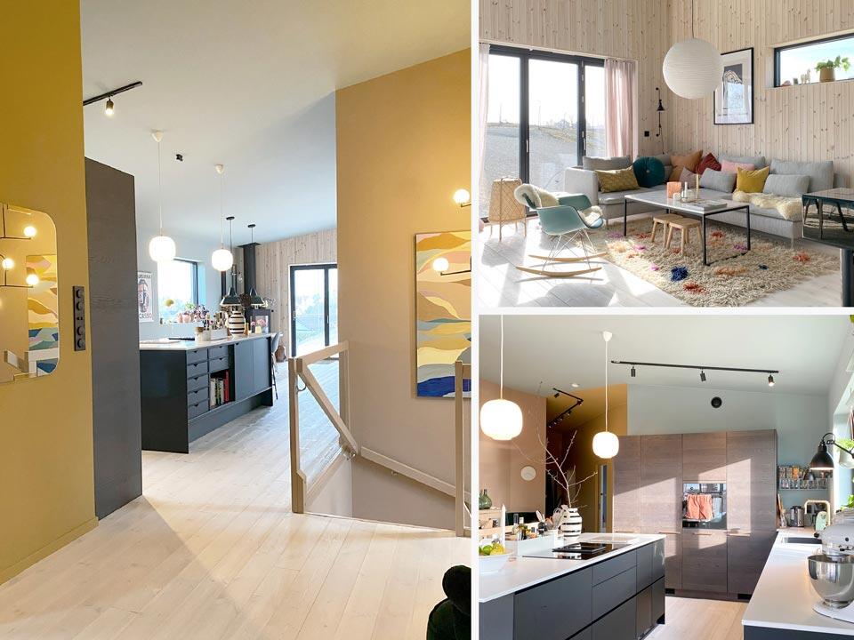 Modern home before Elfa solution with open plan, yellow walls and wood panelling