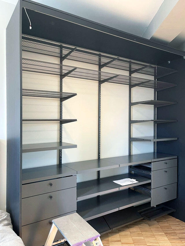 Elfa storage system with open shelves, metal shelves and integrated drawers