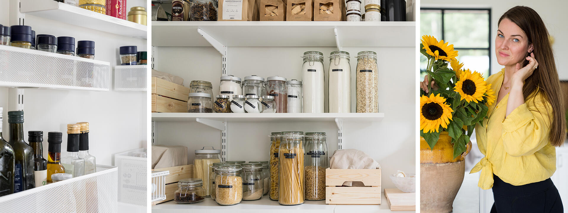 en casa con Cecilia M K con estantes Elfa para especias y almacenamiento en la cocina