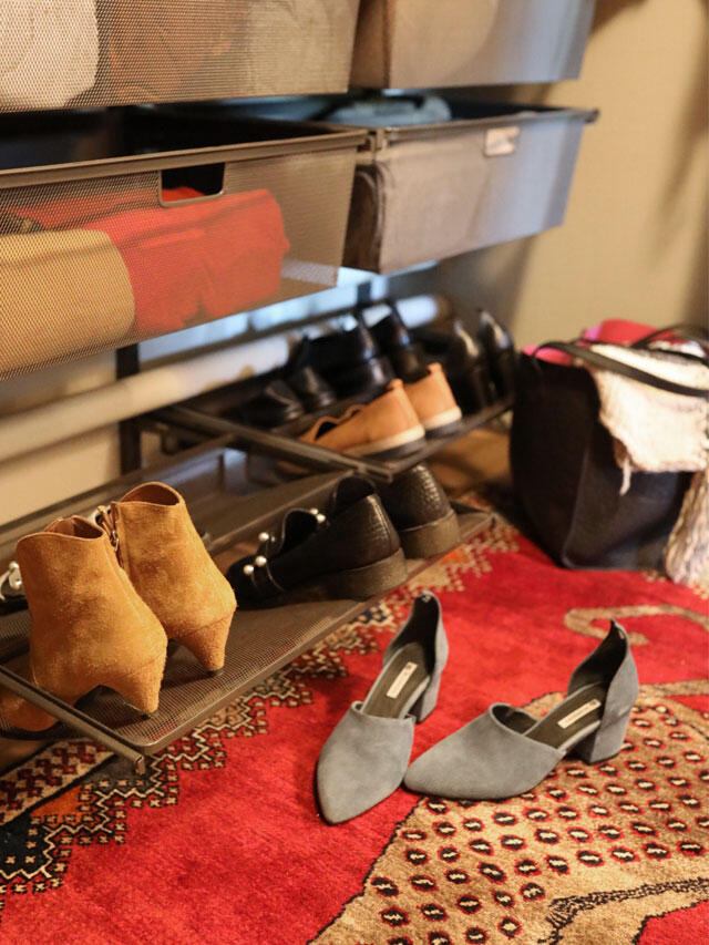 Elfa shoe storage shelves with pull-out wire drawers