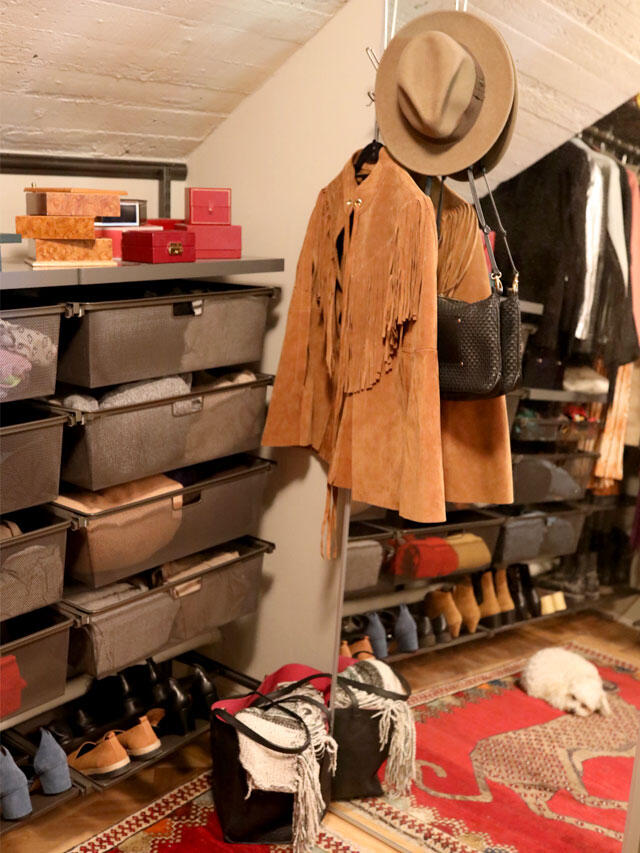 Elfa wardrobe with pull-out drawers and hanging jacket storage