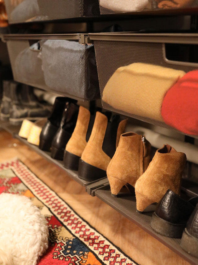 Elfa pull-out shoe organizer with wire mesh shelves