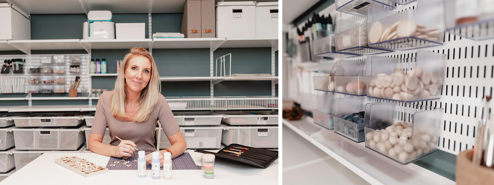 Pokój hobbystyczny Elfa ze zorganizowanymi schowkami i blatem roboczym