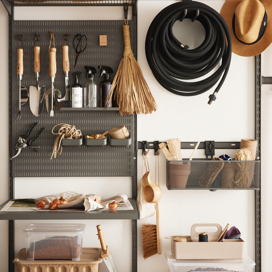 Straight and sturdy tool hook, perfect for safe storage of heavy tools in the garage, mounted on a Garage+ storage track, top track or directly on the wall