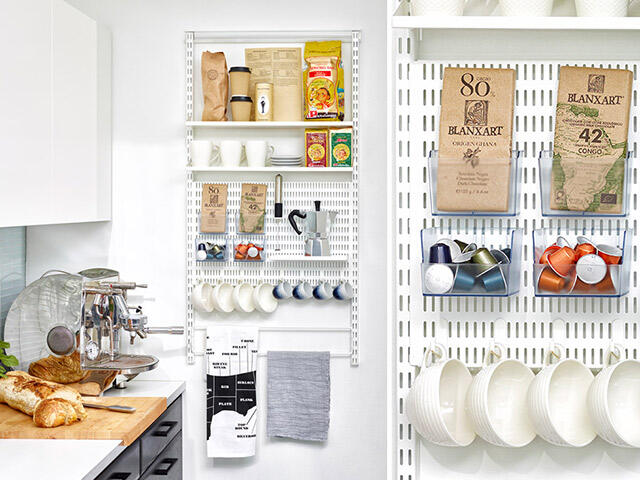 Picture montage of two pictures with a view of wall storage in the kitchen.