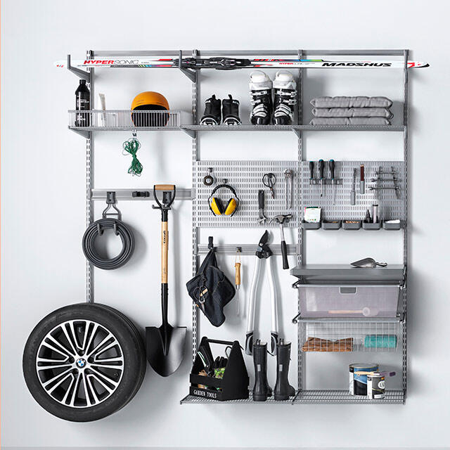 Wire shelves on walls in garages and storage rooms