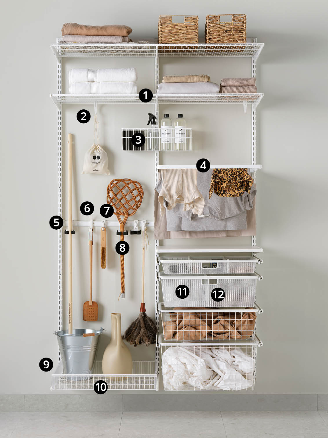 Eine Übersicht über das Classic by Elfa Sortiment für die Waschküche.