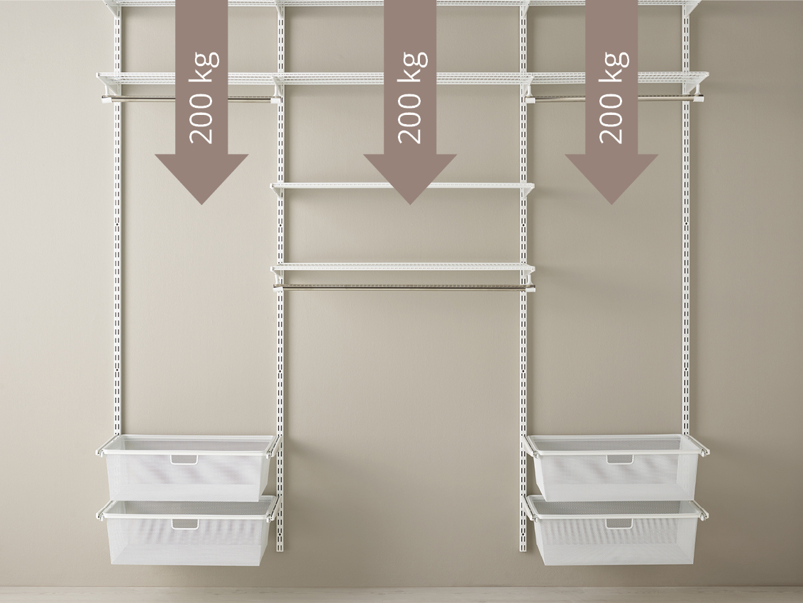 Classic by Elfa garderobeskab i hvid med beige pile, hvor der står "200 kg".