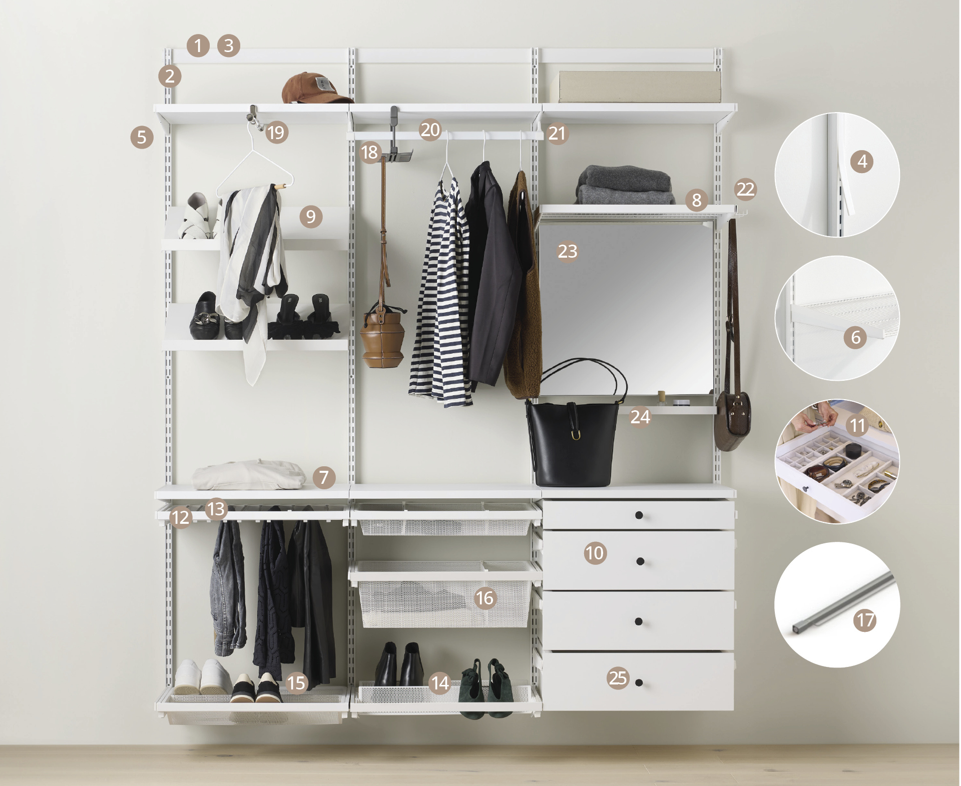 En oversigt over Décor+ sortimentet fra Elfa i hvid.