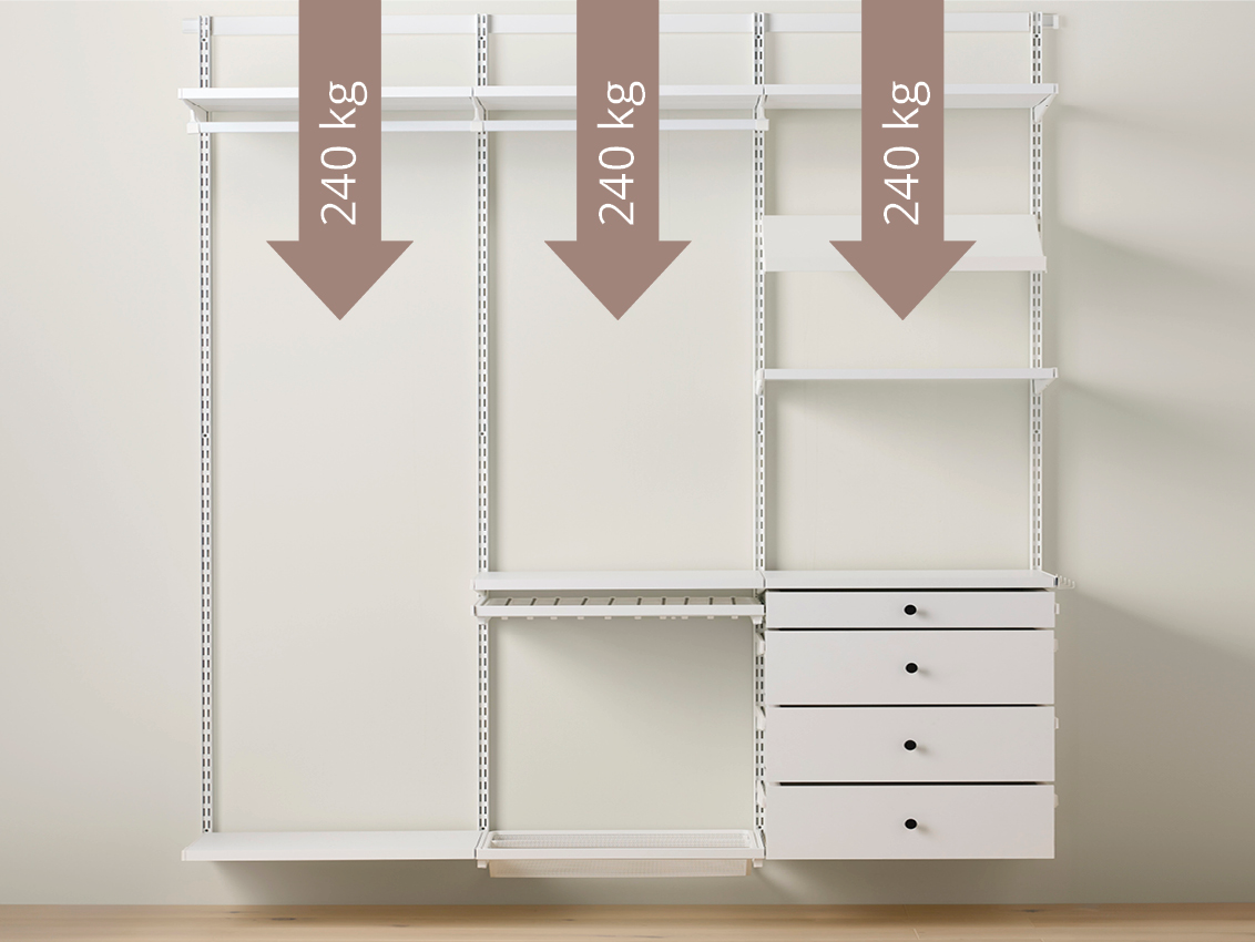 Décor+ wardrobe from Elfa in white with beige arrows saying "240kg".