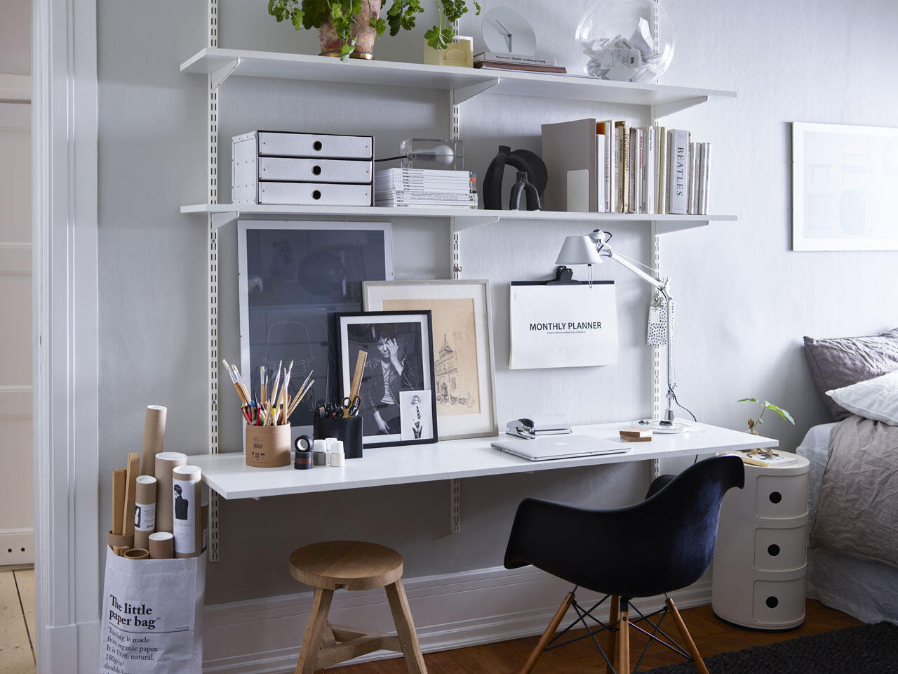 Home office with shelves.