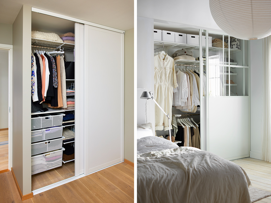 Soverom med skyvedørene Grace og Artic i hvitt fra Elfa.