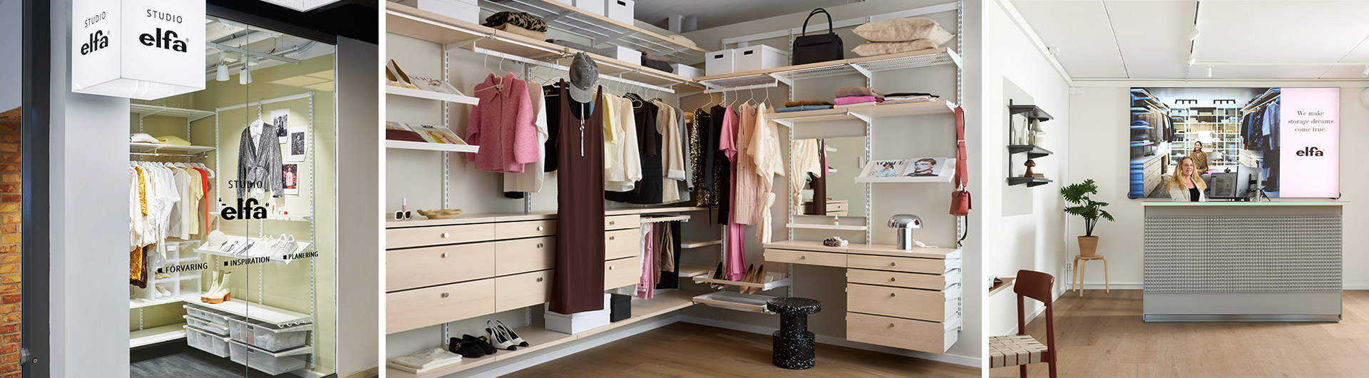 Visning af forskellige opbevaringsmuligheder i Studio Elfa.