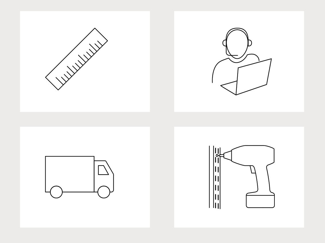 Fire ikoner til opmåling, planlægning, levering og montage.