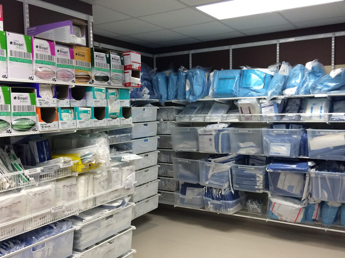 Efficient storage for medical supplies with Elfa’s flexible system.